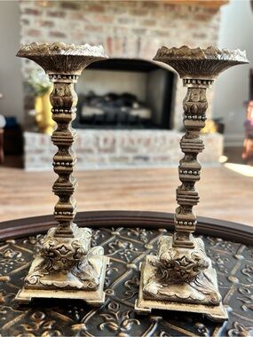 19th Century Pair of Silver Scrollwork Metal Candlesticks